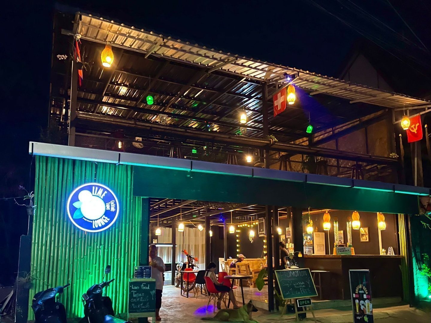 Lime Lounge riverside terrace at dusk in Vang Vieng